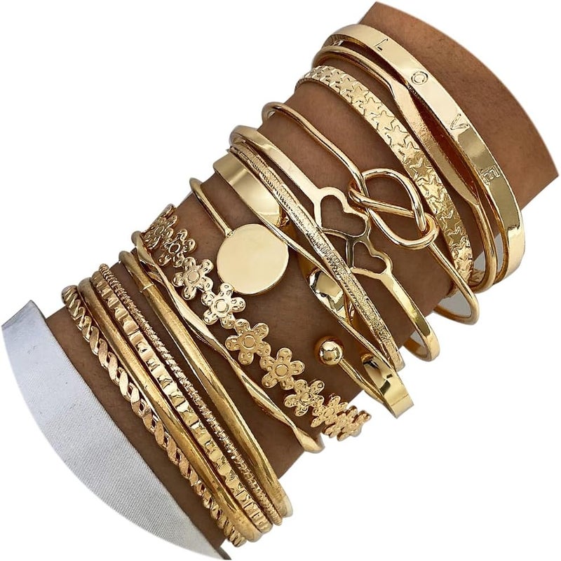 17IF Gold Bangle Bracelet For Women, 14k Multilayer Charm Textured Stackable Bracelets Boho Indian Chunky Cuff Fashion Jewelry Gift - Image 1